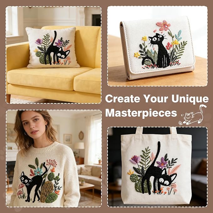 RIHYTFU 3 Pack Cat Embroidery Kits for Beginners, Adults Starter Cross Stitch Kit, Black Cat Flower Plants Patterns Hand Stamped Embroidery Kits, DIY Sewing Needlepoint