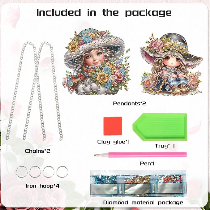 2 Pack Feminine Diamond Painting Hanging Charms – DIY Floral Art Pendants with Rhinestones – Elegant Decorative Accessories for Car Mirror, Wall, or Gift Ideas