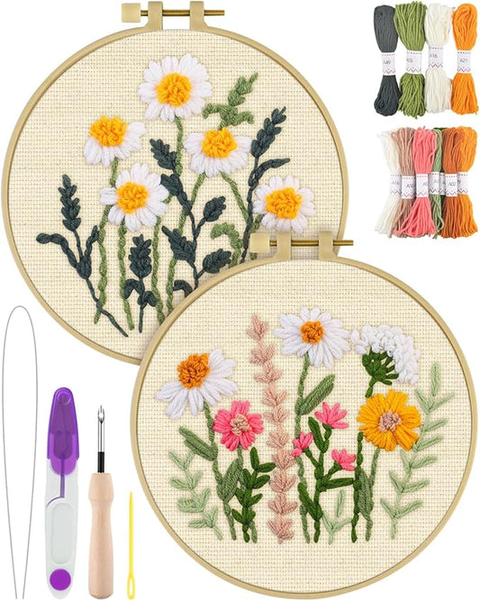 ERKOON Punch Needle Kit Adults Beginners, 2 Pcs DIY Easy Flower Embroidery Set for Starter Art Craft, Needling Punching Project with Patterns, Tools, Yarns, Hoop, Instruction (Daisies)