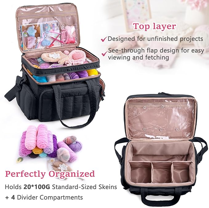 MYBAGZING Large Knitting & Crochet Bag Organizer for Yarn Storage, Double-Layer Knitting Project Bag with 6 Grommets, Yarn Organizer Tote for Knitting Supplies Crochet Hooks & Accessories Gift for Mom