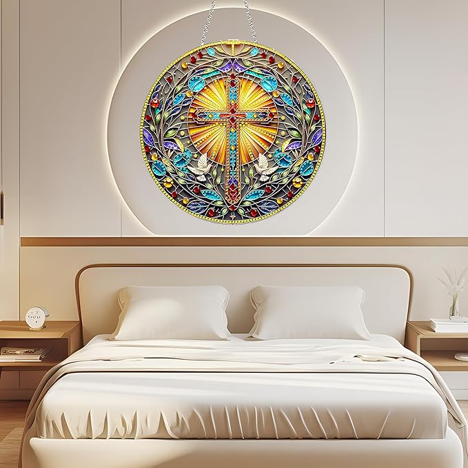 DIY Acrylic Diamond Art Painting Wreath Kits Special Shaped Rhinestone 5D Diamond Art Window Pendants Home Garden Wall Hanging Kits Hanging Ornament (Cross-1)