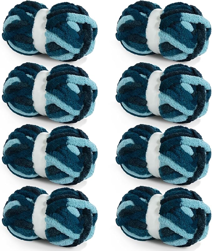 HOMBYS Chunky Tie Dye Mix Chenille Yarn for Hand Knitting, Super Bulky Jumbo Yarn for Crocheting, 3/4" Thick Soft Plush Yarn for Blankets, 8 Skein Pack (26 yds / 7.5 oz Each) Blue