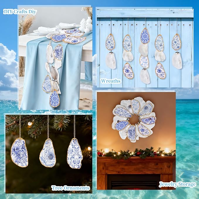 APUDWN 16 Set Natural Oyster Shells for Crafts 4-5 Inch Flat Oyster Shell Kits with Holes Drilled Includes Floral Chinoiserie Decoupage Napkins Glue Paints Twine Brushs for DIY Arts Hanging Ornaments