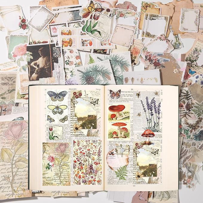 Luyoaozy 200Pcs Vintage Scrapbook Supplies Pack Kit for Junk Journal Bullet Aesthetic Paper Stickers Stuff Journaling Planners Diary Botanical Collage (Plant)