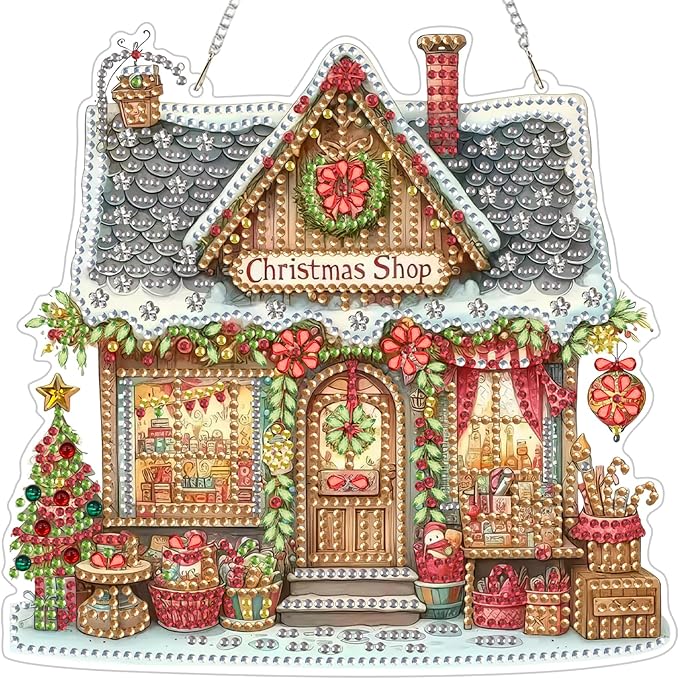Christmas Shop Diamond Art Kits for Adults, DIY Pendant Diamond Painting Kits for Beginners, 5D Special Shape Full Drill Hanging Diamond Gem Art Painting Kits for Window Suncatchers for Home Decor