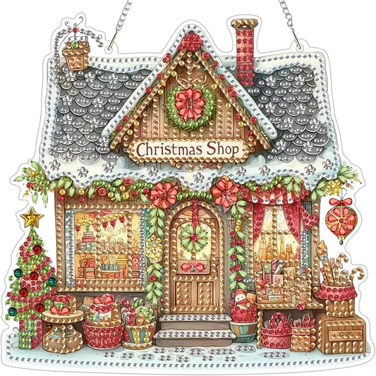 Christmas Shop Diamond Art Kits for Adults, DIY Pendant Diamond Painting Kits for Beginners, 5D Special Shape Full Drill Hanging Diamond Gem Art Painting Kits for Window Suncatchers for Home Decor