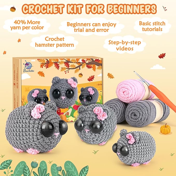 Crochet Kit for Beginners, Beginner Crochet Kit for Adults with Step-by-Step Video Tutorials, DIY Crochet Animal Kits Knitting Supplies