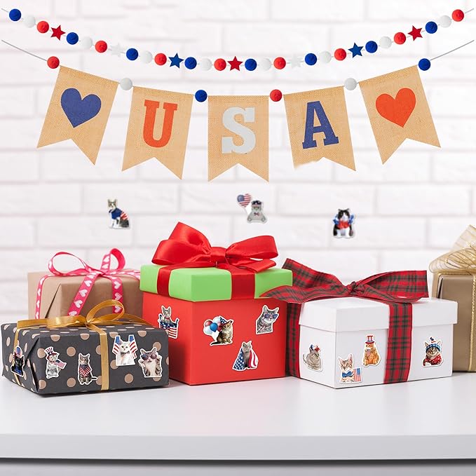 h1vojoxo 4th of july stickers - 1000pcs american patriotic cat stickers for kids vinyl flag cat sticker for independence day memorial and veterans day self-adhesive label for patriotic party decor