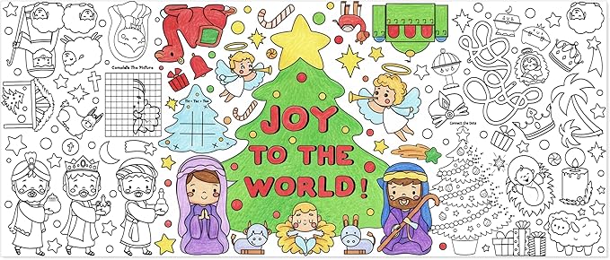 dvbonike jumbo christmas joy to the world coloring poster - nativity xmas tree games color-in paper blank doodle art banner 55.1 x 23.6 inch decor for kids school group activity home party supplies