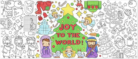 dvbonike jumbo christmas joy to the world coloring poster - nativity xmas tree games color-in paper blank doodle art banner 55.1 x 23.6 inch decor for kids school group activity home party supplies