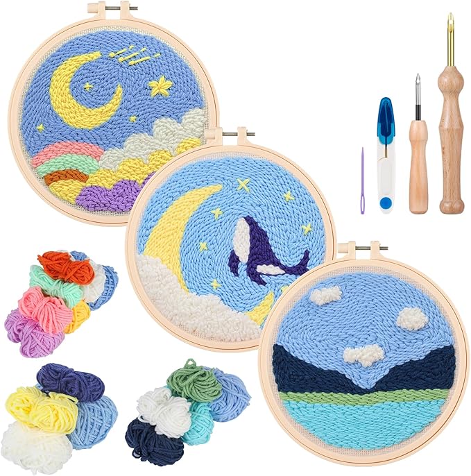Zuaooz 3 Sets Punch Needle Kits,Whale Rainbow River Punch Embroidery Kits for Adults Beginner, Tool with Punch Needle Fabric, Hoops, Yarns and Sewing Needles