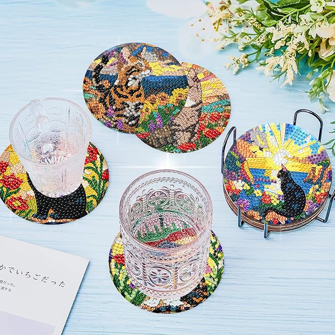 igoodom 8 Pcs Cat Diamond Art Coasters Kit with Holder, DIY Cat Diamond Painting Coasters for Beginners Adults, Non Slip Diamond Art Kits Craft Supplies 4x4inch