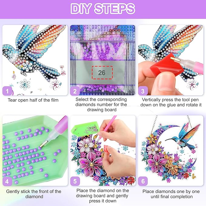 QENSPE Hummingbird Diamond Art Hanging Kits for Adults, 5D Moon & Flowers Special Shape Diamond Paingting Ornaments with Chain, DIY Crystal Window Pendants for Home Wall Decor Double Sided 8X8 inch