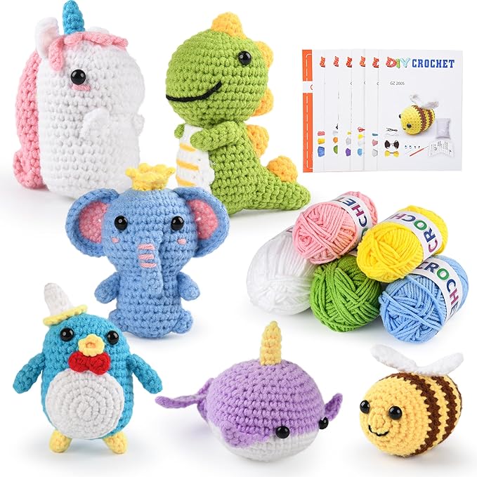 MINGOMINGO Crochet Kit for Beginners - 6 Pack Animals Amigurumi, DIY Craft for Adults and Lover, Gift for Crochet Lovers,Christmas Gifts, with Step-by-Step Video Tutorials (40%+ Yarn)