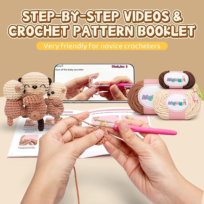 Mewaii Crochet Kit for Beginners Level 1 with 40% Extra Eco-Friendly Pre-Started Easy Yarn, Step-by-Step Video Tutorials for Adults and Kids (3 Pack Sea Otter Family)
