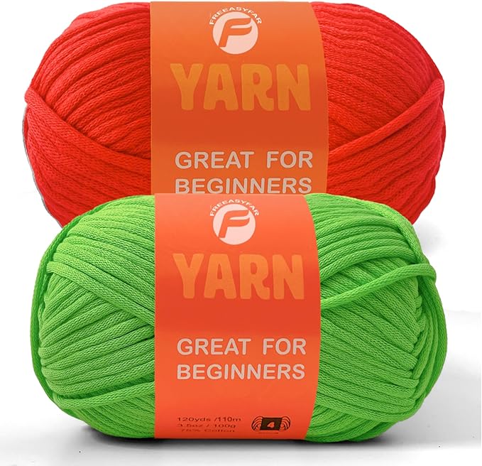 2 x 3.5Oz/120yds Beginner Easy Yarn for Crocheting and Knitting;Worsted-Weight Medium #4;Cotton Blend Yarn for Beginners Amigurumi DIY (Red+Green)
