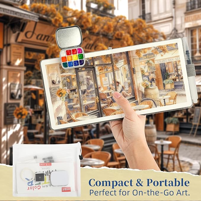 Vienrose Mini Portable Watercolor Palette Set for Travel & Outdoor Painting with 5.5" x 5.5" Linen Cover Watercolor Sketchbook, 12-Color Watercolor Paints, 3 Pens, Artist Tape & Storage Bag