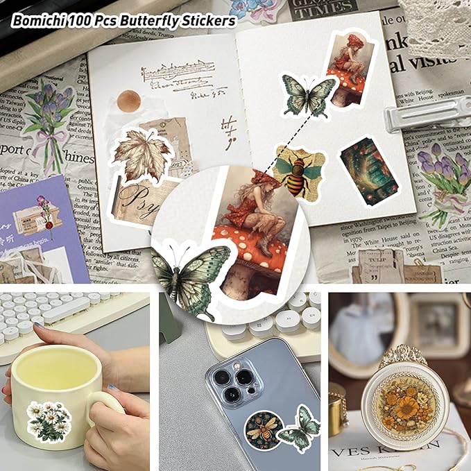 100 Pcs Vintage Insects and Botany Stickers for Journaling, Apothecary Label Sticker with Deep in The Forest Theme Vinyl Stickers for Water Bottle Laptop Computer Skateboard Bumper