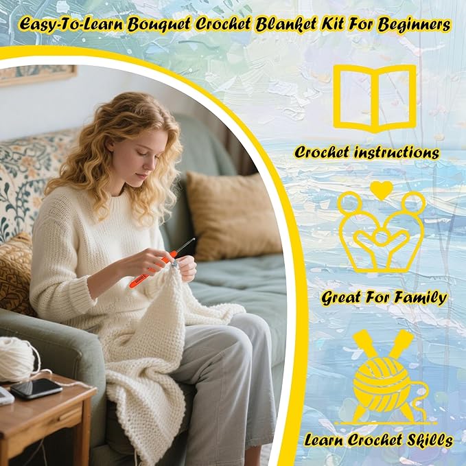 Yarniss Sunflower Blanket Kit for Beginner,Flower Bouquet Blanket Crochet Kit with Step by Step Istruction&Tutorial,Easy Crochet Starter Kit