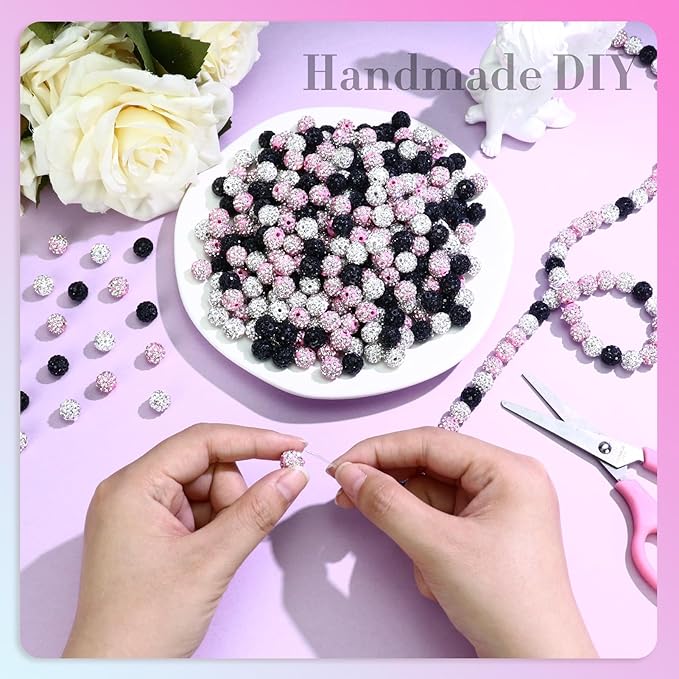 Dowarm 255PCS 10mm Rhinestone Beads for Baseball Rhinestone Necklace Bracelet Jewelry Making, Round Polymer Clay Beads for Crafts Beaded Pen, Shamballa Pave Disco Diamond Bead, Pink|White|Black