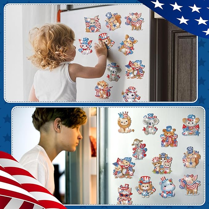 Xuhal 30 Pcs 4th of July Diamond Painting Magnets Patriotic Diamond Art Magnet Kits for Adults Memorial Day Red White Blue Animal 5D Rhinestone Refrigerator Magnetic Sticker for Fridge DIY Craft Gifts
