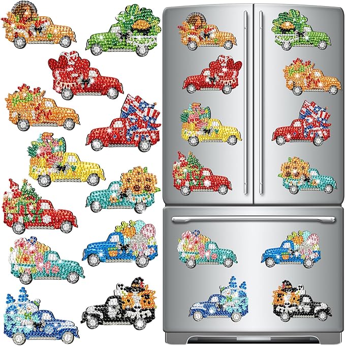 Frienda 12 Pcs Diamond Art Magnets Refrigerator Seasonal Diamond Painting Magnets Holiday Truck Easy Kits Interchangeable for Adults Beginners DIY Truck Home Decors Gifts Craft