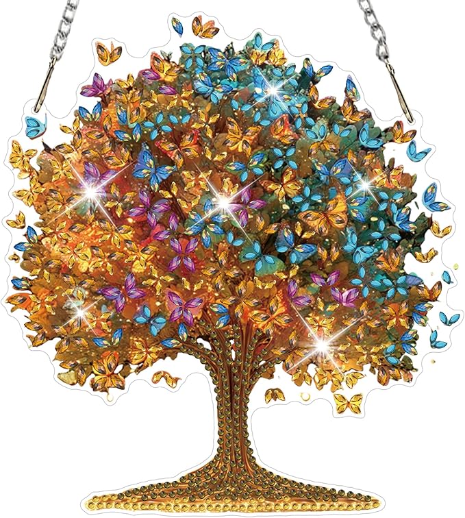 HEIBAGO Tree of Life Diamond Art Hanging Kits for Adults,Butterfly Diamond Art Suncatchers,5D Special Shape Diamond Painting Pendant,DIY Window Ornament Gifts for Home Garden Door Wall Decor 8.3x8.3In