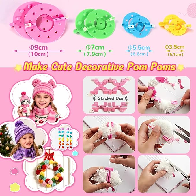 Spardar Hat Knitting Kit, Weaving Loom Kit with Portable Storage Bag, Includes Knitting Tools, 8*Pom-Pom Makers, 7 Color Yarns, Knit Hats, Scarves, Ideal Christmas or Birthday Gift, Light Pink