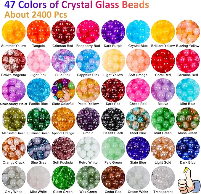XSEINO 2400 PCS 8mm Glass Beads Bracelet Making Kit, 47 Colors Crystal Beads for Jewelry Making and DIY Crafts，4 Box Round Beads