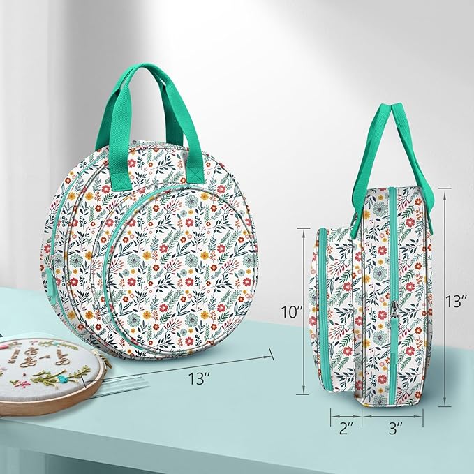 FINPAC Embroidery Project Bag, Embroidery Supplies Storage Carrying Tote Case with Multiple Pockets for Floss, Hoops, Thread, Stitch Tools Kit [Bag Only], Spring Bloom