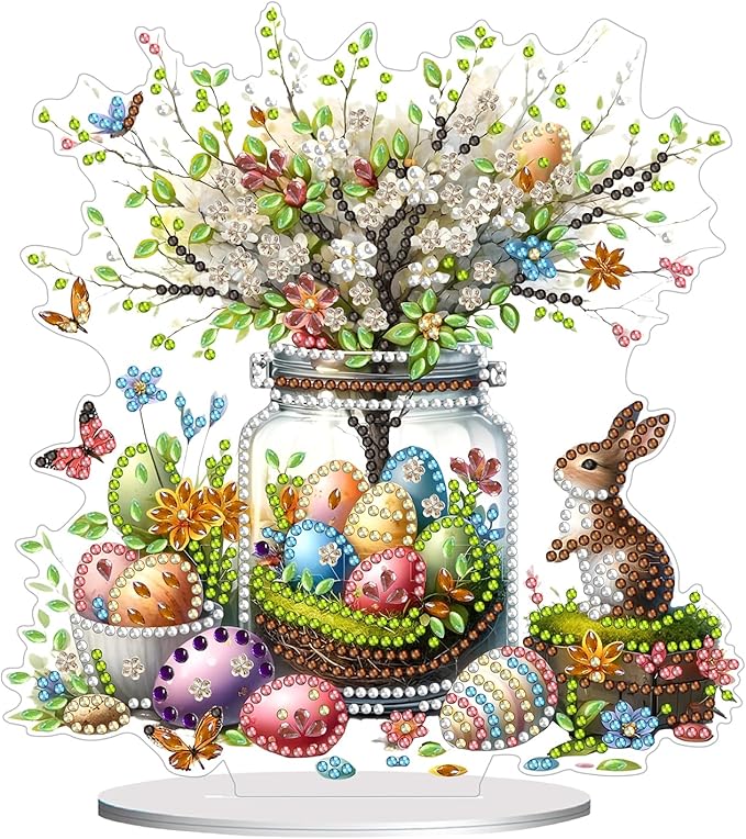 DIY Dot Diamond Desktop Easter Creative Ornaments Diamond Art Painting by Number Embroidery Arts and Crafts Easter for Home Office Garden Decoration (Single Side Dot Diamond)-#04-Potted Plants