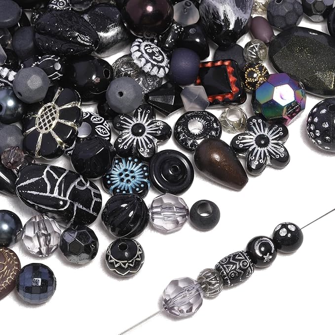 7.5 OZ Assorted Vintage Acrylic Beads for Jewelry Making, Song Xi Unique Flower Rose Czech Beads for Bracelet Earrings, Bohemia Style, Bulk, DIY Holiday Gift (240-260 PCS, Black)