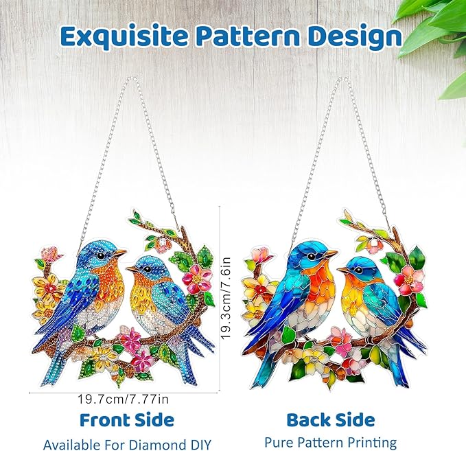 MEIYUDA Bird Diamond Art Hanging Kits for Adult, Glass Flowers Bird Diamond Painting Hanging Kits Ornaments, DIY Special Shaped Rhinestone Window Pendants kit for Home Garden Wall Decor Gift