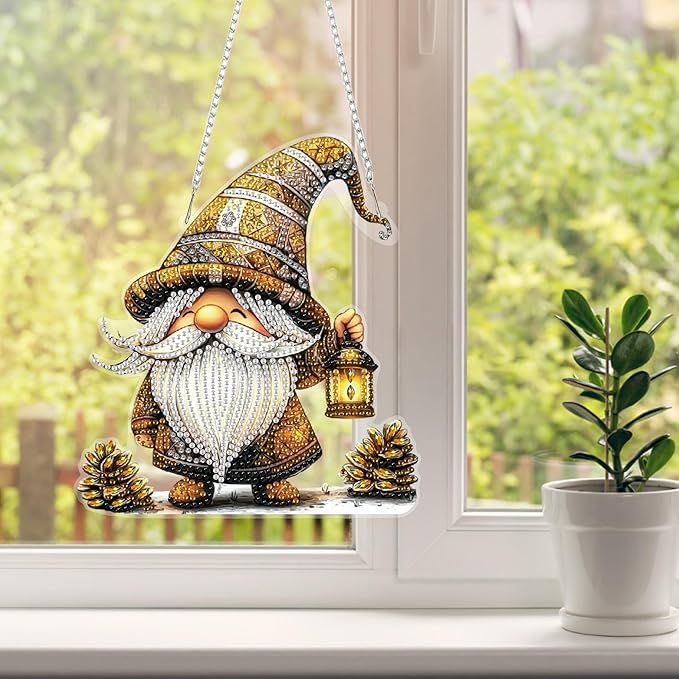 HEIBAGO Halloween Diamond Art Hanging Kits for Adults Kids, Hanging Diamond Art Gnome, 5D Special Shaped Crystal Diamond Painting Kit, DIY Pattern Window Pendant for Home Wall Decor 8.3x8.3 Inch