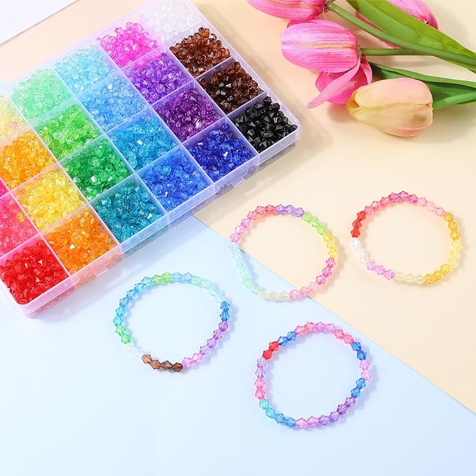 Crystal Beads for Jewelry Making 3000pcs Bicone Bracelet Bead Faceted Acrylic Beads 24 Colors Rainbow Loose Craft Bead for Jewelry Making, DIY Bracelets, Necklaces, Curtain, Key Chains