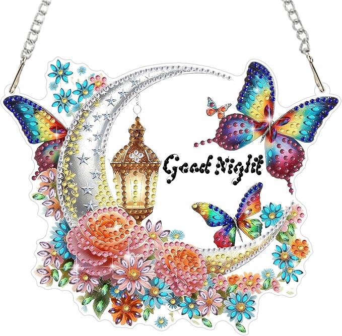 MEIYUDA Moon Butterfly Diamond Art Hanging Kits for Adult, Good Night Diamond Painting Hanging Kits Ornaments, DIY Special Shaped Rhinestone Window Pendants kit for Home Garden Wall Decor Gift