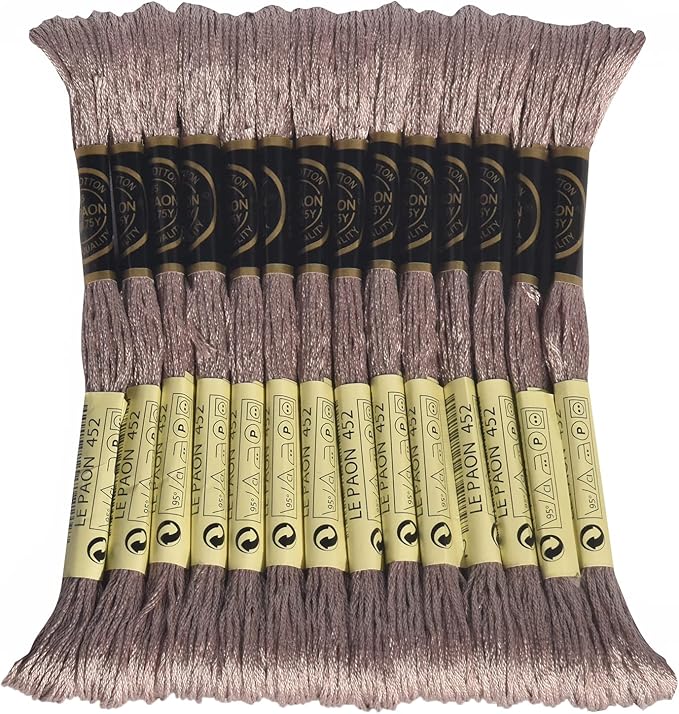 LE PAON Embroidery Floss, 14-Pack Six Strands 100% Long Staple Cotton Embroidery Thread, 8.7-Yard，Color Number：452, Medium Shell Gray