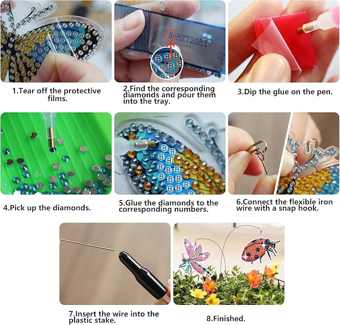SWATOM 10PCS Diamond Art Kits for Adults for Garden Decor with Butterfly, Hummingbird, Ladybug, Bee, Dragonfly Iron Wire Swaying Diamond Painting Dotz Ornaments Kits for Indoor Outdoor Yard