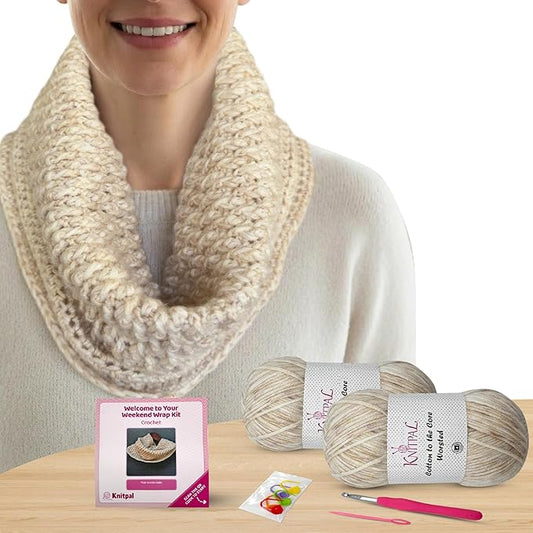 KnitPal Crochet Weekend Wrap Kit for Confident Beginners – All-in-One Crochet Kit with Cotton Blend Yarn, Hook, Pattern & Video Tutorials (Pearl White)