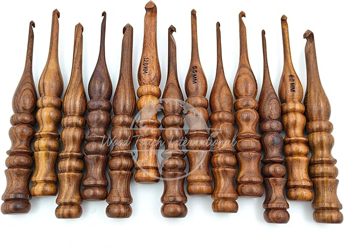 Shesham Wood Crochet Hooks Set of 13 - Sizes 3.5 mm to 12 mm – Premium Wooden Hooks for Knitting and Crocheting | Natural Wood Craft Tools | Perfect Mother's Day Gift