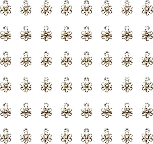 Ruwado 50 Pcs Little Flowers Charms Metal Vintage Cute Vintage Small Flower Pendants for Jewelry Making Kit Bracelet Necklace DIY Making Crafting Project Accessories Supplies (Gold)