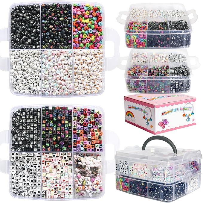 Alphabet Beads A-Z 6500Pcs Letter Beads, Acrylic 6x6mm Round Letter Beads Kits,Black Digit and Colorful Smile Bead for Bracelets Necklaces DIY Jewelry Making