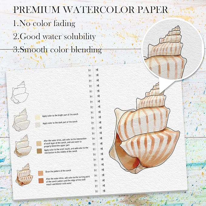 Watercolor Workbook, Watercolor Workbook Paint Book Beginner Friendly, 12 Different Patterns Stress-Relieving Art Crafts for Creative Exploration Gift for Women Adults Teens (Seaside, 1)