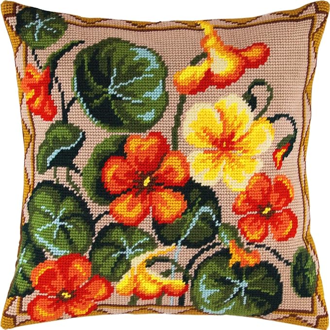 Brvsk Floral Stamped Cross-Stitch Kit for Adults and Beginners — Nasturtium 16″ × 16″ with Clear, Precise Printed Design on Cotton Canvas; Includes 2 Needles, Yarn, and Easy-Read Chart