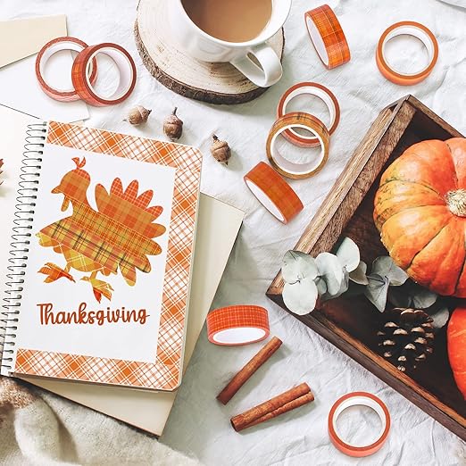 Whaline 12 Rolls Fall Plaid Washi Tapes Orange Red Buffalo Plaid Decorative Tape Autumn Solid Color Polka Dots Patterned Masking Tape for Fall Scrapbook Journal DIY Craft Gift Wrapping, 0.6Inch