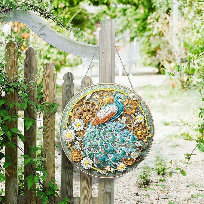 Generic DIY Hanging Diamond Pendant Special Shaped Crystal Diamond Art Painting Ornament Single Sided for Window Home Garden Wall Door Decor-Green Peafowl