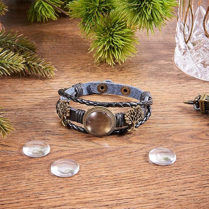 SUNNYCLUE DIY Braided Leather Bracelet Making Kit Multilayer Rope Bangle Cuff Wristband with Blank Alloy Cabochon Bezel Tray, Clear Glass Cabochon 18mm, Button Adjust, Tree