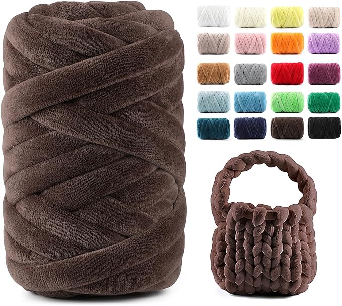 Chunky Yarn for Hand Knitting & Arm Knitting - 0.66lb Super Bulky Velvet Chenille Tube Yarn for DIY Pillows, Pet Beds, Baskets & Home Decor | No Tools Needed, Machine Washable, Dark Brown,1 Pack