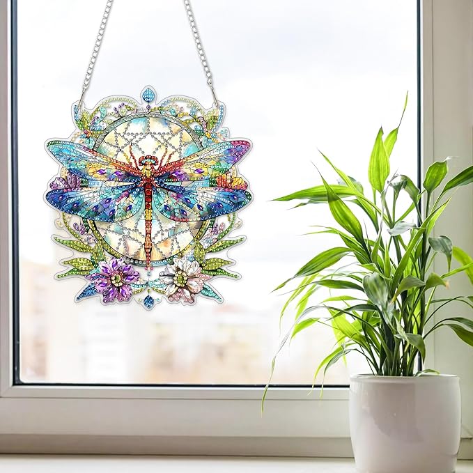NAIMOER DIY Hanging Diamond Art Kits for Adults, Dragonfly Diamond Painting Kits, Special Shaped Rhinestone, Acrylic 5D Gem Art Craft Window Pendants Home Garden Wall Hanging Ornament Kits