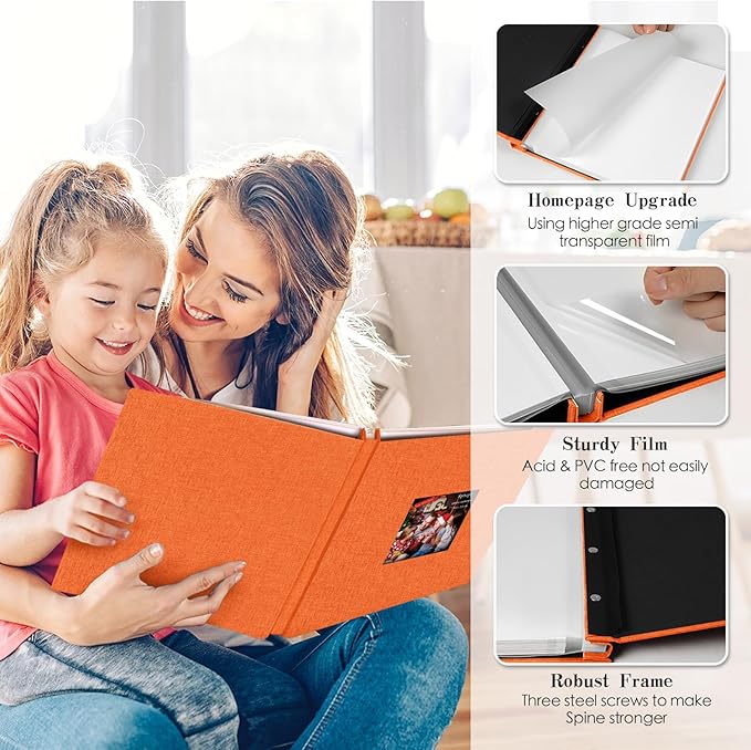 Spbapr Large Photo Album Self Adhesive 60 Pages Linen cover DIY Magnetic Scrapbook album with A Metal Pen Hold 3x5 4x6 5x7 6x8 8x10 Pictures Orange